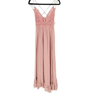 FP One Free People New Fairy Adella Maxi Dress Pink Crochet Lace Ruffled Hem M
